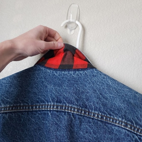 LEVIS VINTAGE 90s Buffalo‎ Plaid Lined Denim Trucker Jacket Size 38 - Picture 4 of 12